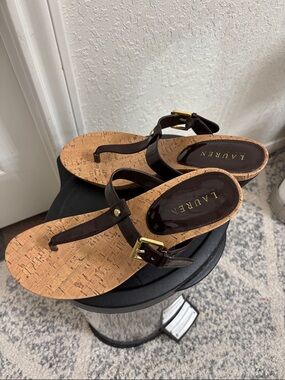 Lauren Ralph Lauren Dark Brown Patent Cork Thong Sandals